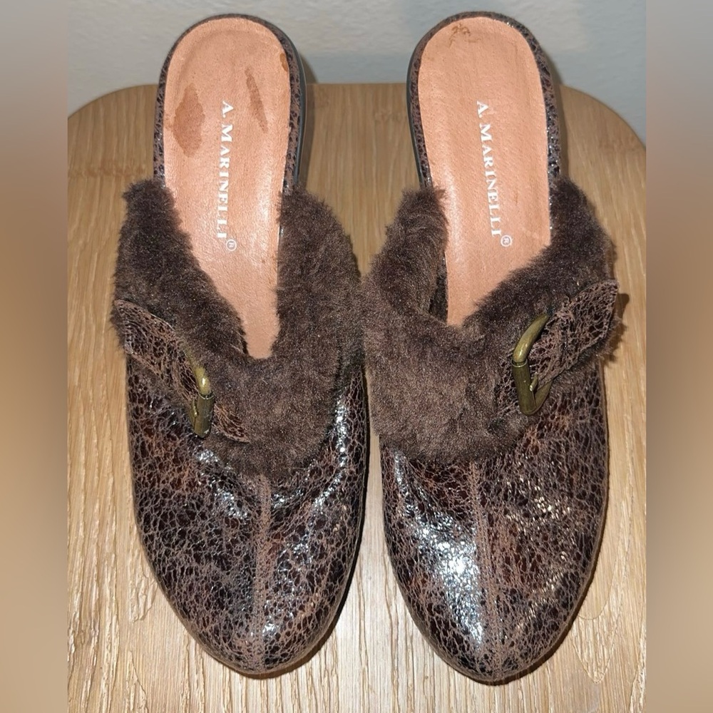 A. Marinelli Faux Fur-Lined Leather Mules